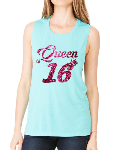 Women's Flowy Muscle Queen 16 Glitter Pink Sweet Sixteen Party