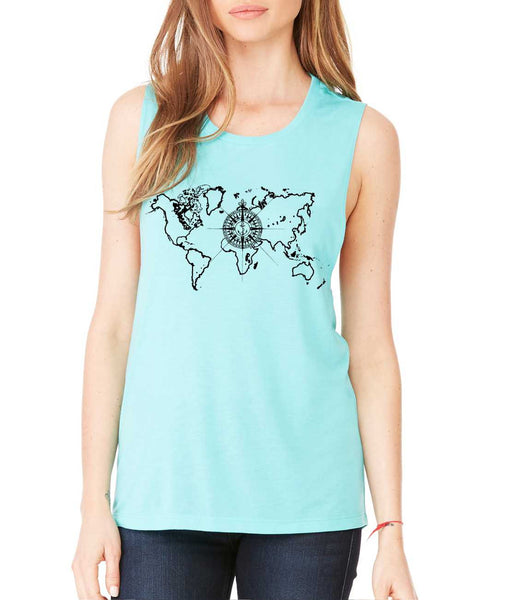 Women's Flowy Muscle Top World Map Compass Cool Tank - ALLNTRENDSHOP - 4