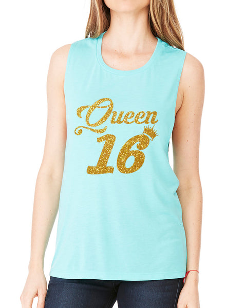 Women's Flowy Muscle Queen 16 Glitter Gold Sweet Sixteen