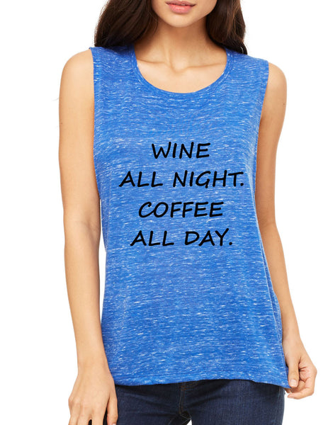 Women's Flowy Muscle Top Wine All Night Coffee All Day Drunk - ALLNTRENDSHOP - 2