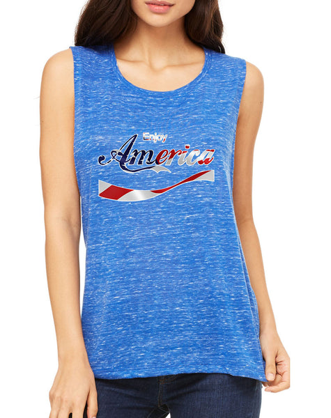Women's Flowy Muscle Enjoy America 4th Of July USA Top