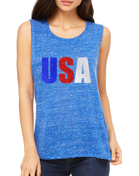 Women's Flowy Muscle USA Glitter Flag Colors 4th Of July Tank