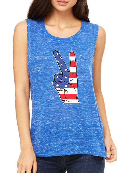Women's Flowy Muscle Top American Flag Hand 4th Of July