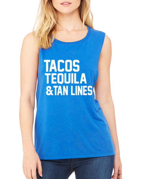 Women's Flowy Muscle Tacos Tequila Tan Lines Beach Top