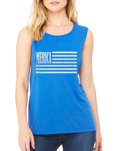 Women's Flowy Muscle Merica Glitter White Flag USA Top