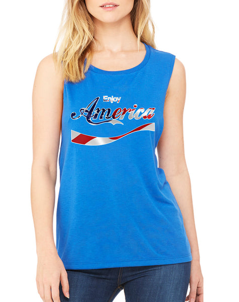 Women's Flowy Muscle Enjoy America 4th Of July USA Top
