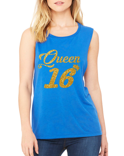Women's Flowy Muscle Queen 16 Glitter Gold Sweet Sixteen