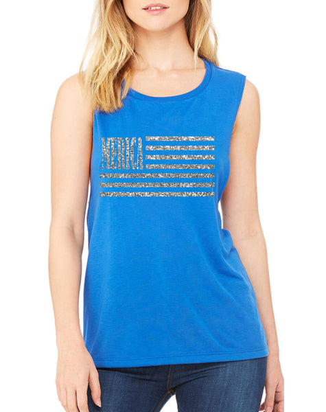 Women's Flowy Muscle Top Merica Glitter Silver Flag USA Top