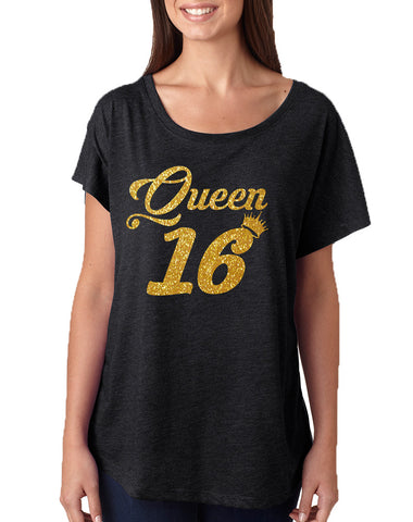 Women's Dolman Queen 16 Glitter Gold Sweet Sixteen Party