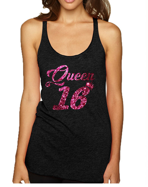 Women's Tank Top Queen 16 Glitter Pink Sweet Sixteen Party Top