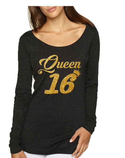 Women's Shirt Queen 16 Glitter Gold 16th Sweet Sixteen Party