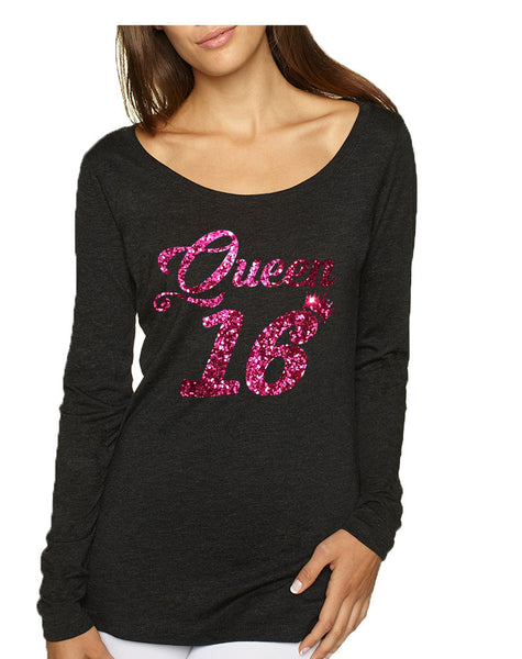 Women's Shirt Queen 16 Glitter Pink Sweet Sixteen 16th Birthday