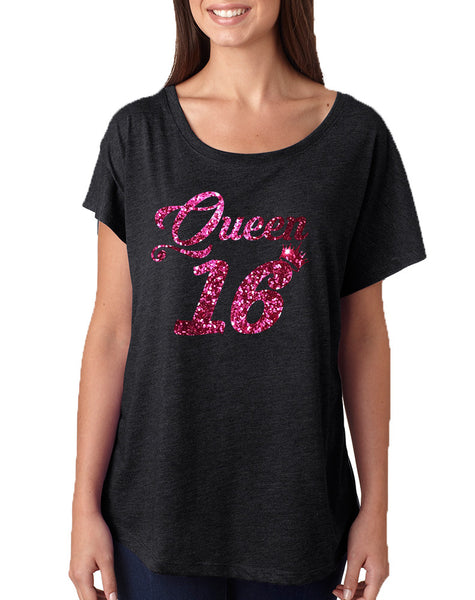 Women's Dolman Queen 16 Glitter Pink Sweet Sixteen Party Shirt