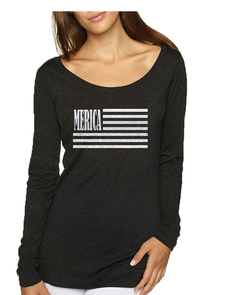 Women's Shirt Merica Glitter White Flag 4th Of July Shirt