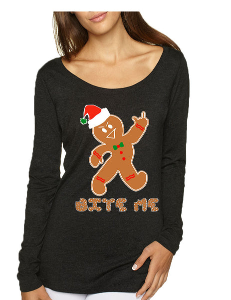 Women's Shirt Bite Me Gingerbread Ugly Christmas Gift Funny Top - ALLNTRENDSHOP - 1