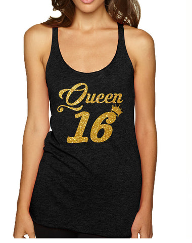 Women's Tank Top Queen 16 Glitter Gold Sweet Sixteen Bday