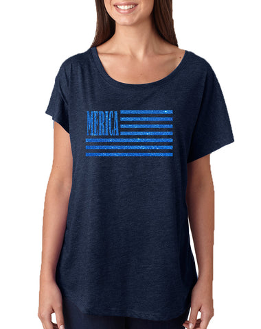 Women's Dolman Merica Glitter Blue Flag 4th Of July Top