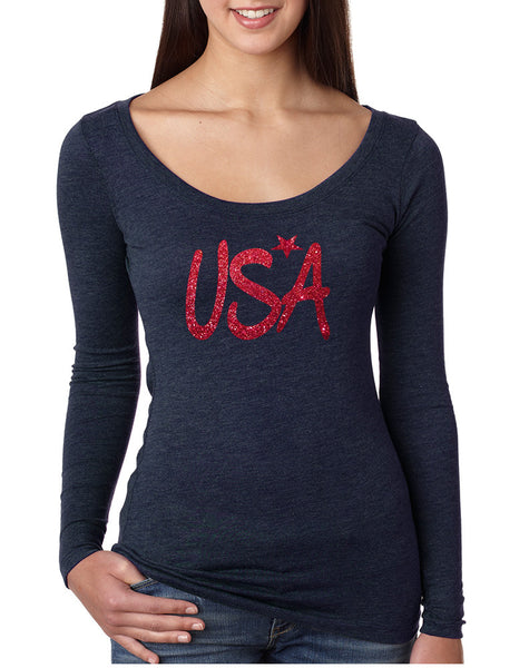 Women's Shirt USA Red Glitter Love America 4th Of July Shirt