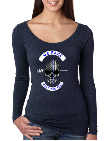 Women's Shirt We Face What You Fear USA Blue Flag Skull