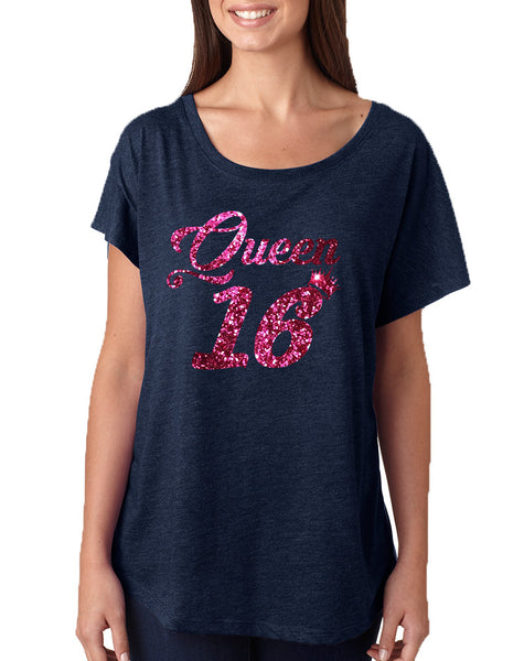 Women's Dolman Queen 16 Glitter Pink Sweet Sixteen Party Shirt