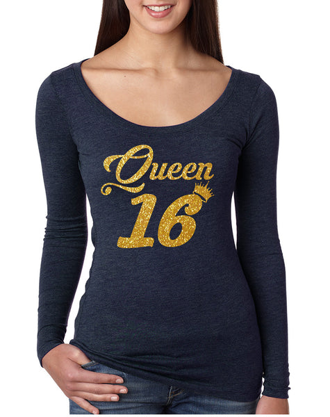 Women's Shirt Queen 16 Glitter Gold 16th Sweet Sixteen Party