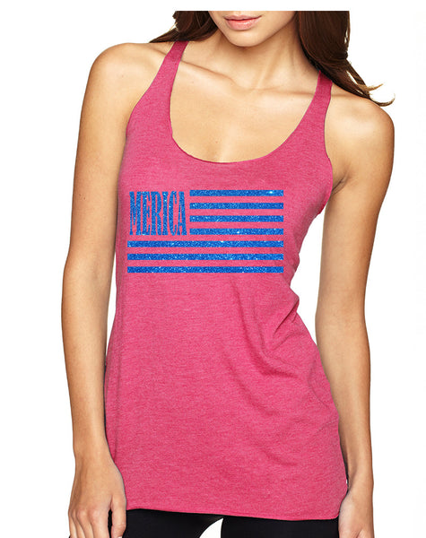 Women's Tank Top Merica Glitter Blue Flag 4th Of July