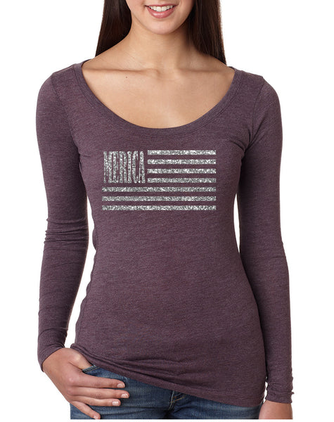 Women's Shirt Merica Glitter Silver Flag 4th Of July Tee