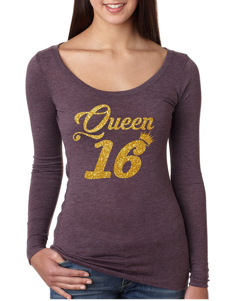 Women's Shirt Queen 16 Glitter Gold 16th Sweet Sixteen Party