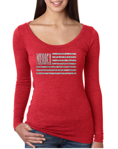Women's Shirt Merica Glitter Silver Flag 4th Of July Tee