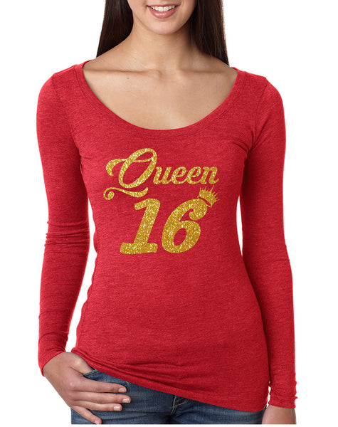 Women's Shirt Queen 16 Glitter Gold 16th Sweet Sixteen Party