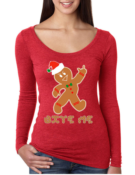 Women's Shirt Bite Me Gingerbread Ugly Christmas Gift Funny Top - ALLNTRENDSHOP - 4
