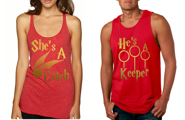 Couple Tank Top She's A Catch He's A Keeper Love Gift - ALLNTRENDSHOP - 4