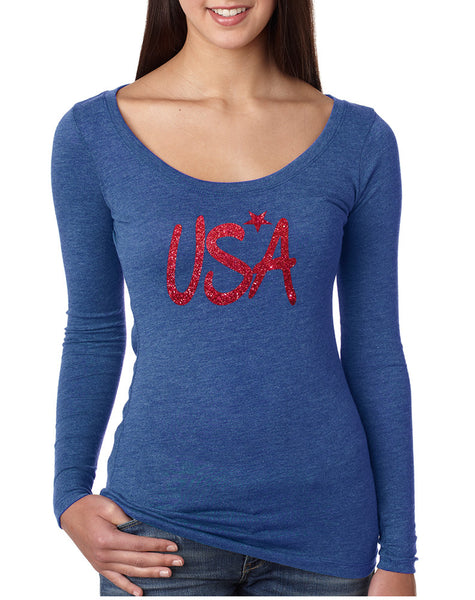 Women's Shirt USA Red Glitter Love America 4th Of July Shirt