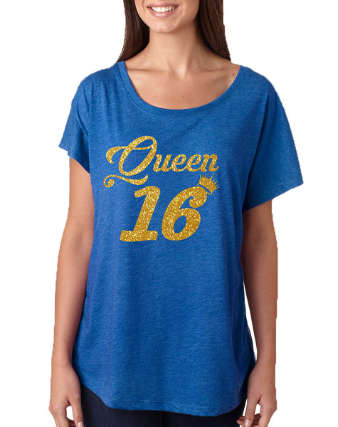 Women's Dolman Queen 16 Glitter Gold Sweet Sixteen Party