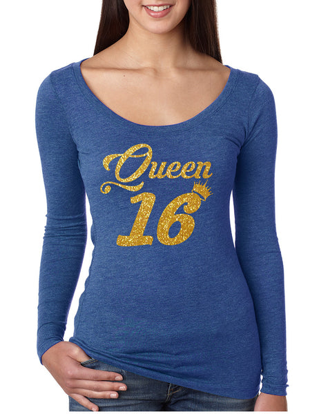 Women's Shirt Queen 16 Glitter Gold 16th Sweet Sixteen Party