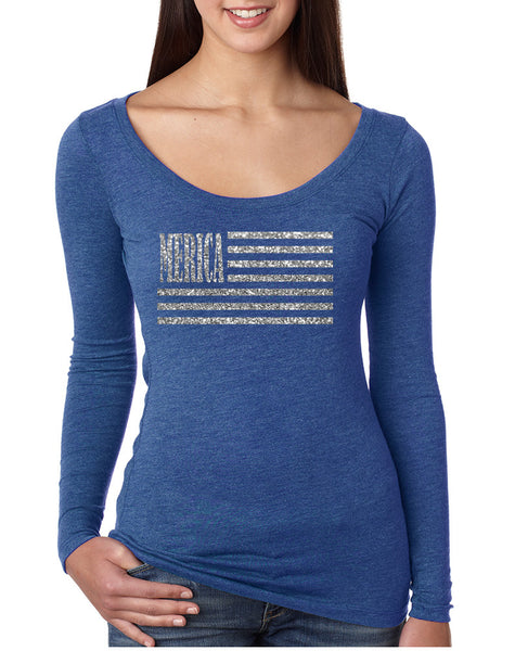 Women's Shirt Merica Glitter Silver Flag 4th Of July Tee