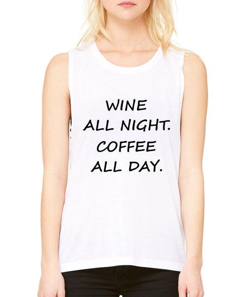Women's Flowy Muscle Top Wine All Night Coffee All Day Drunk - ALLNTRENDSHOP - 3