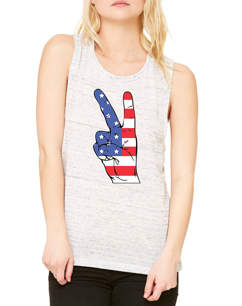 Women's Flowy Muscle Top American Flag Hand 4th Of July