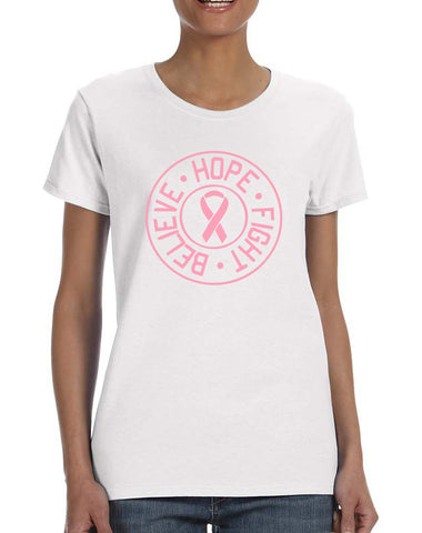 Women's T Shirt Believe Hope Fight Breast Cancer Support Tee