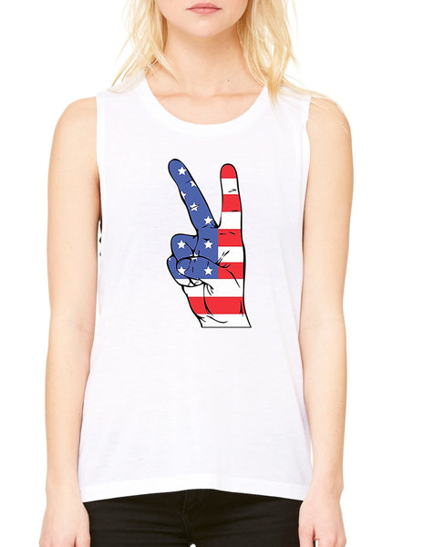 Women's Flowy Muscle Top American Flag Hand 4th Of July