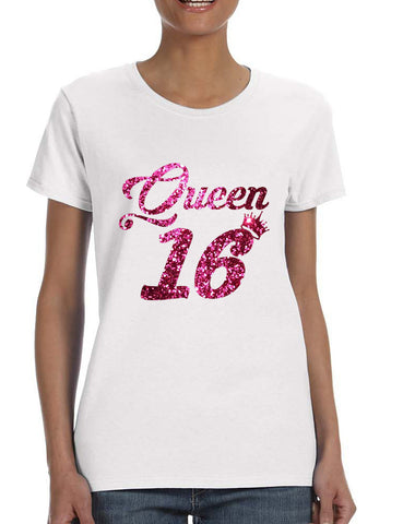 Women's T Shirt Queen 16 Glitter Pink Sweet Sixteen 16th Birthday