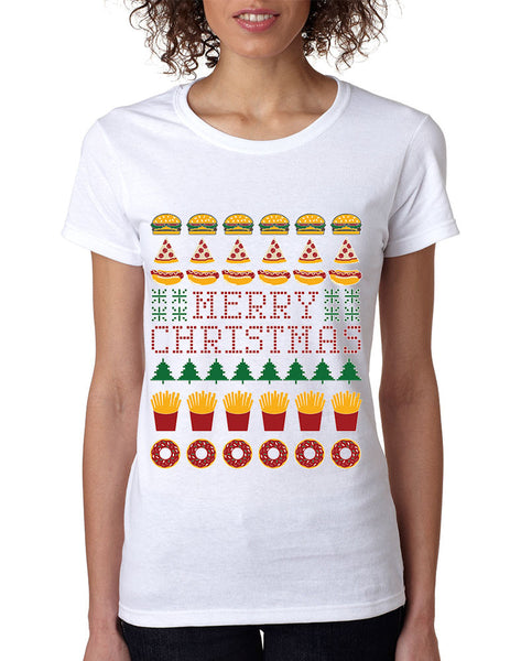 Women's T Shirt Junk Food Merry Christmas Ugly sweater Funny Gift - ALLNTRENDSHOP - 1