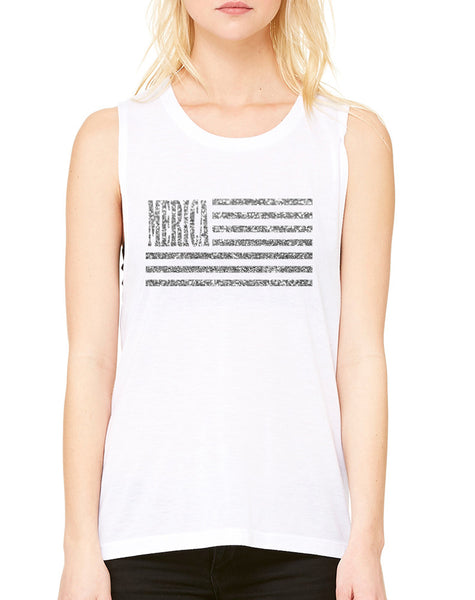 Women's Flowy Muscle Top Merica Glitter Silver Flag USA Top
