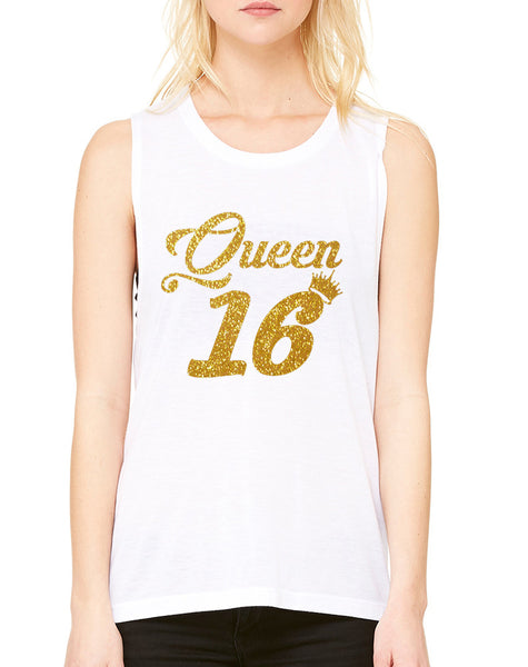 Women's Flowy Muscle Queen 16 Glitter Gold Sweet Sixteen