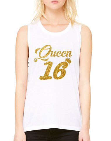 Women's Flowy Muscle Queen 16 Glitter Gold Sweet Sixteen
