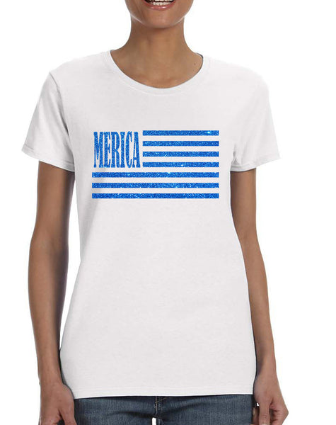 Women's T Shirt Merica Glitter Blue Flag 4th Of July Tee
