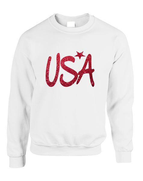 Adult Sweatshirt USA Red Glitter Love America 4th Of July Top