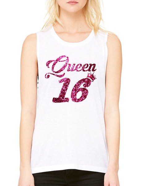 Women's Flowy Muscle Queen 16 Glitter Pink Sweet Sixteen Party