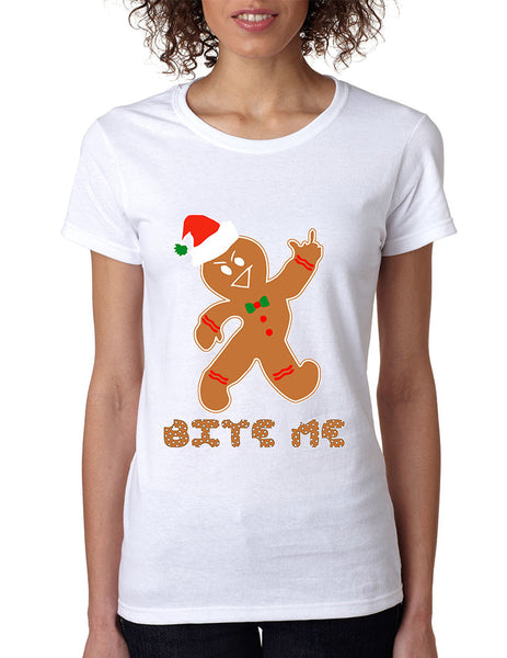 Women's T Shirt Bite Me Gingerbread Ugly Christmas Funny Cool Gift - ALLNTRENDSHOP - 4