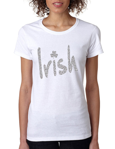 Women's T Shirt Irish Glitter Silver Shamrock St Patrick's Tee